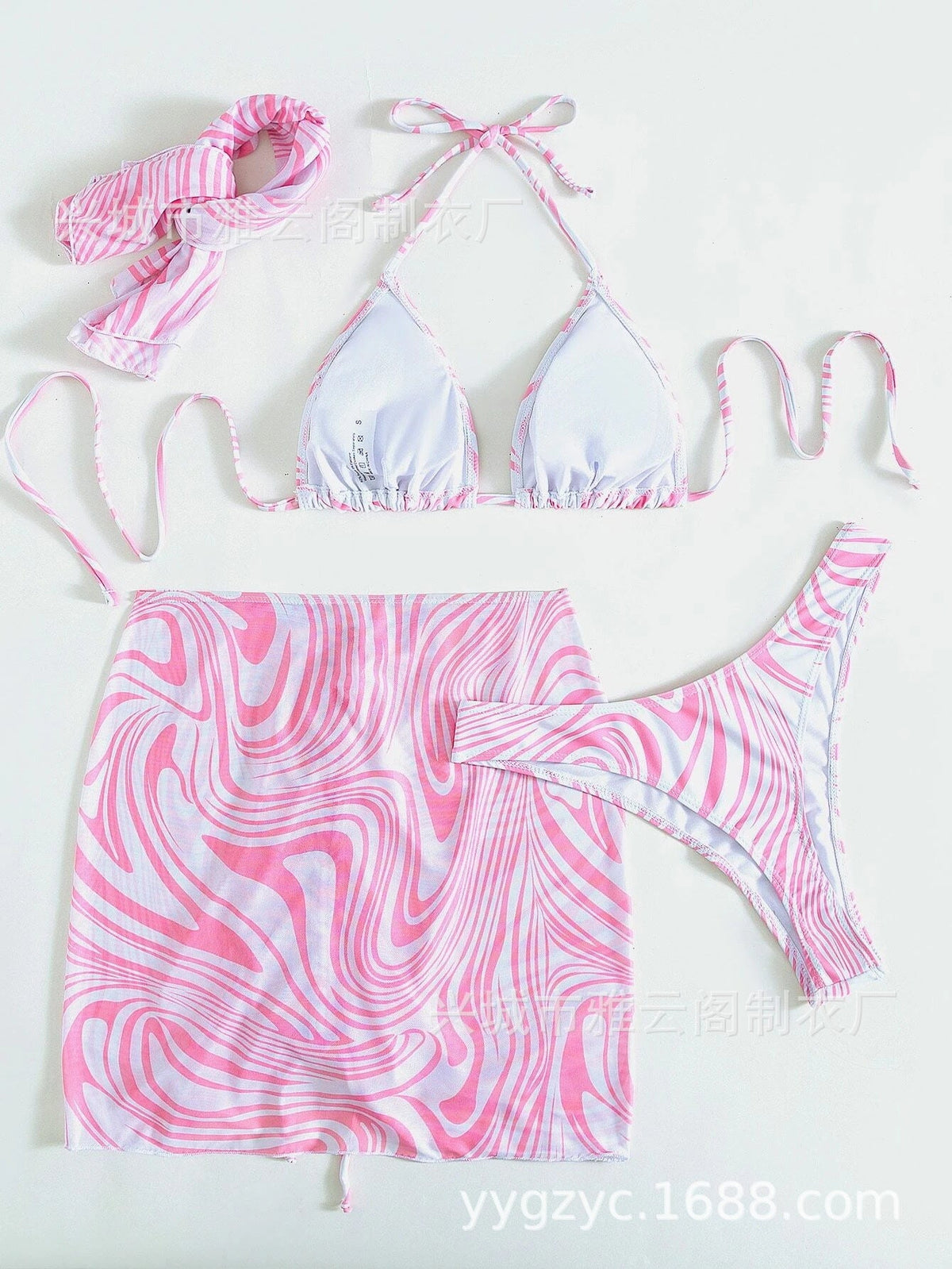 Swirl Print Triangle Bikini & Ruched Mini Skirt Set