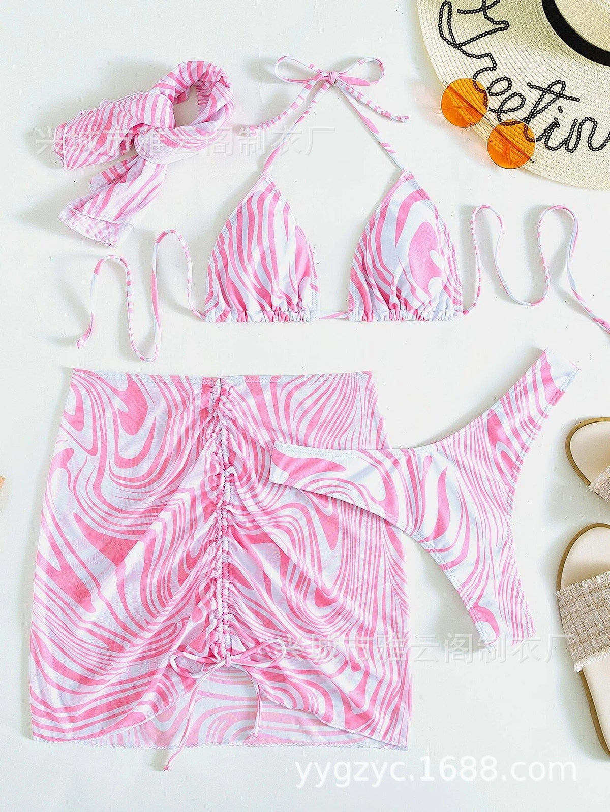 Swirl Print Triangle Bikini & Ruched Mini Skirt Set